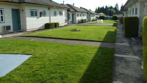 A row of single-story mobile homes with a well-maintained lawn and a paved walkway.