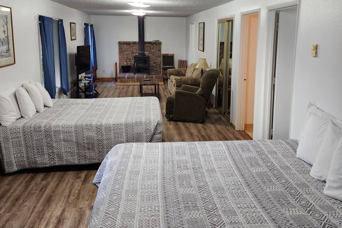 A room with two beds, a fireplace, a sofa, and a TV.