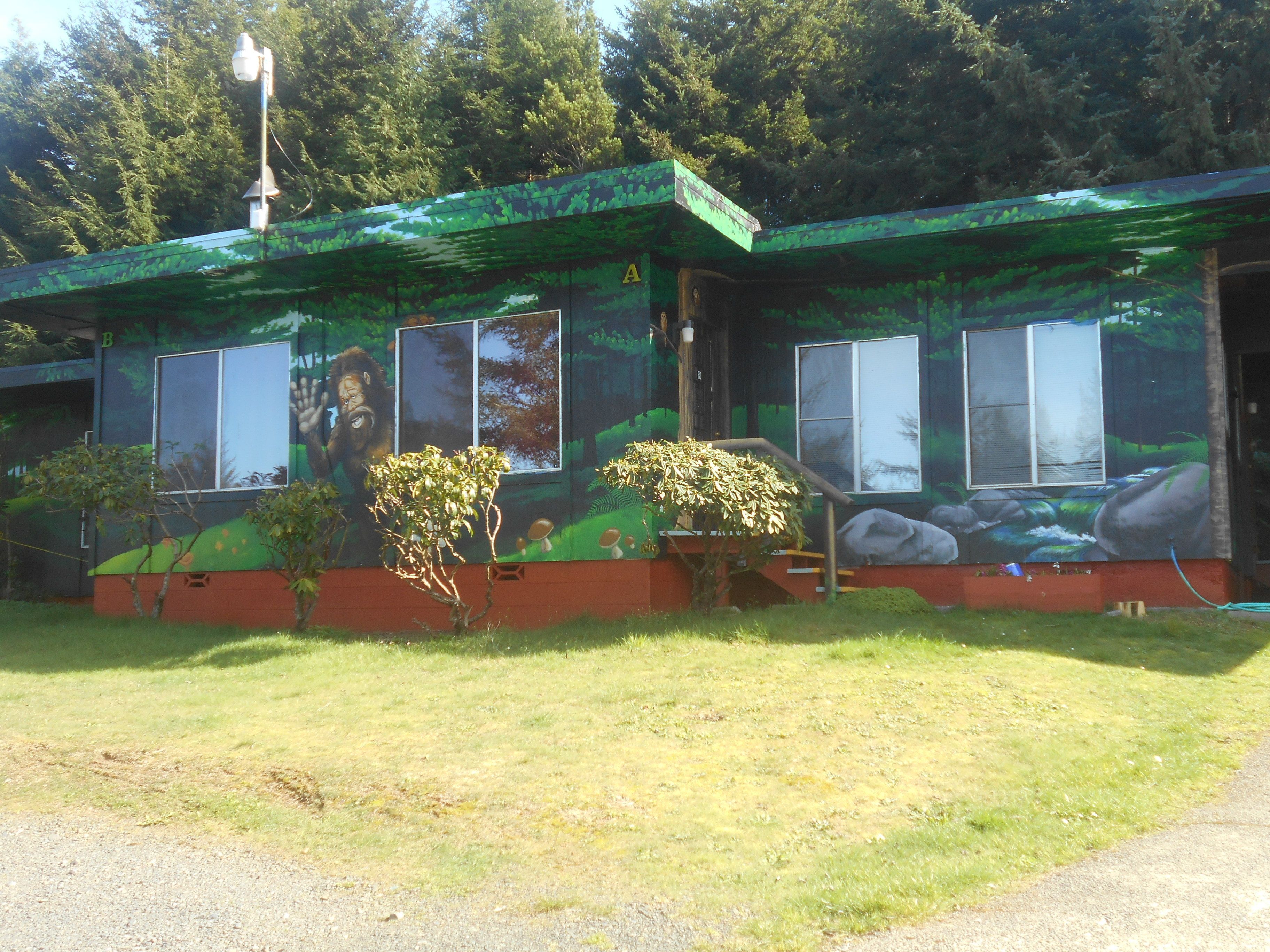 A building with a green exterior and large windows, surrounded by grass and trees.