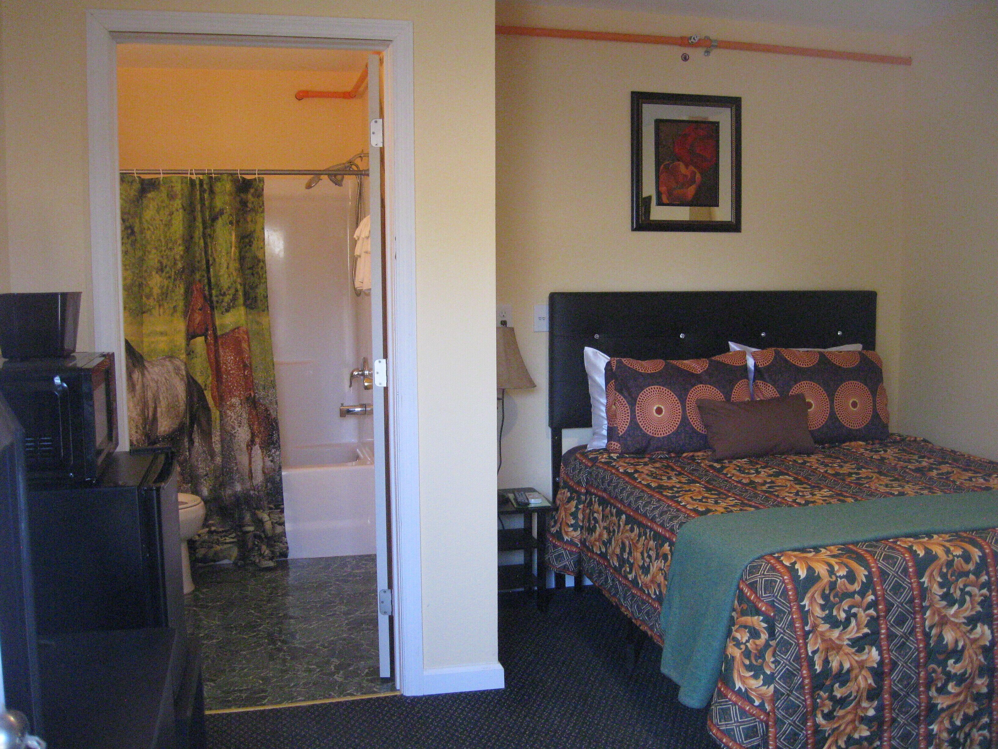 A hotel room with a bed, a bathroom with a shower, and a television.