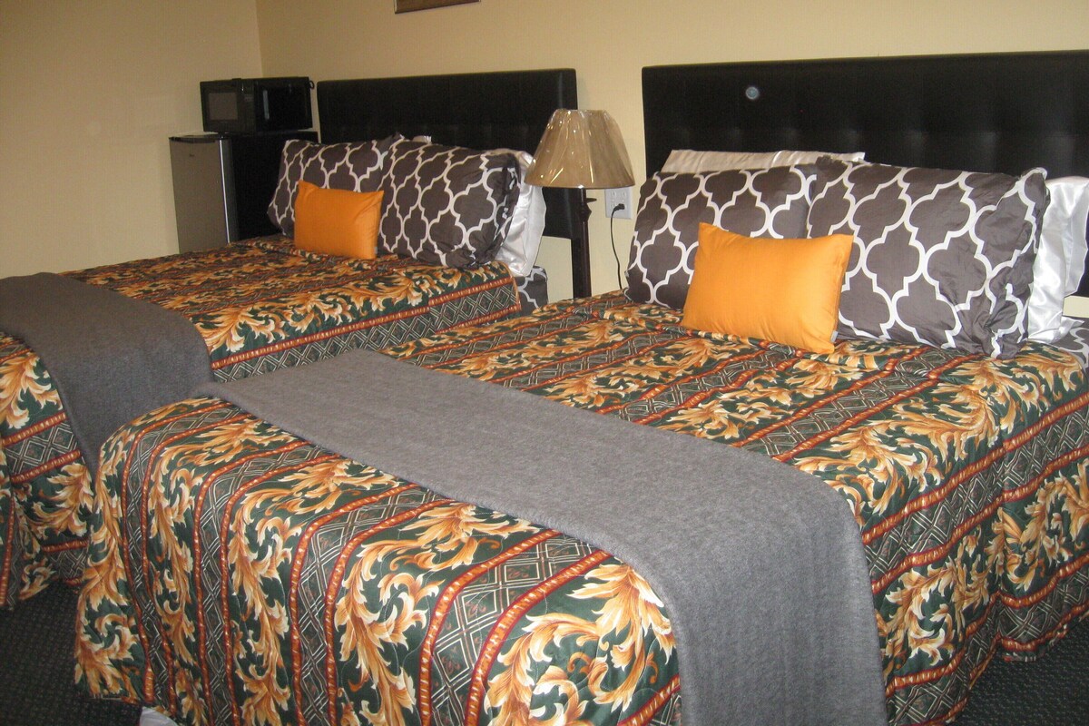 Een hotelkamer met twee bedden, elk voorzien van beddengoed met een patroon en passende kussens.
