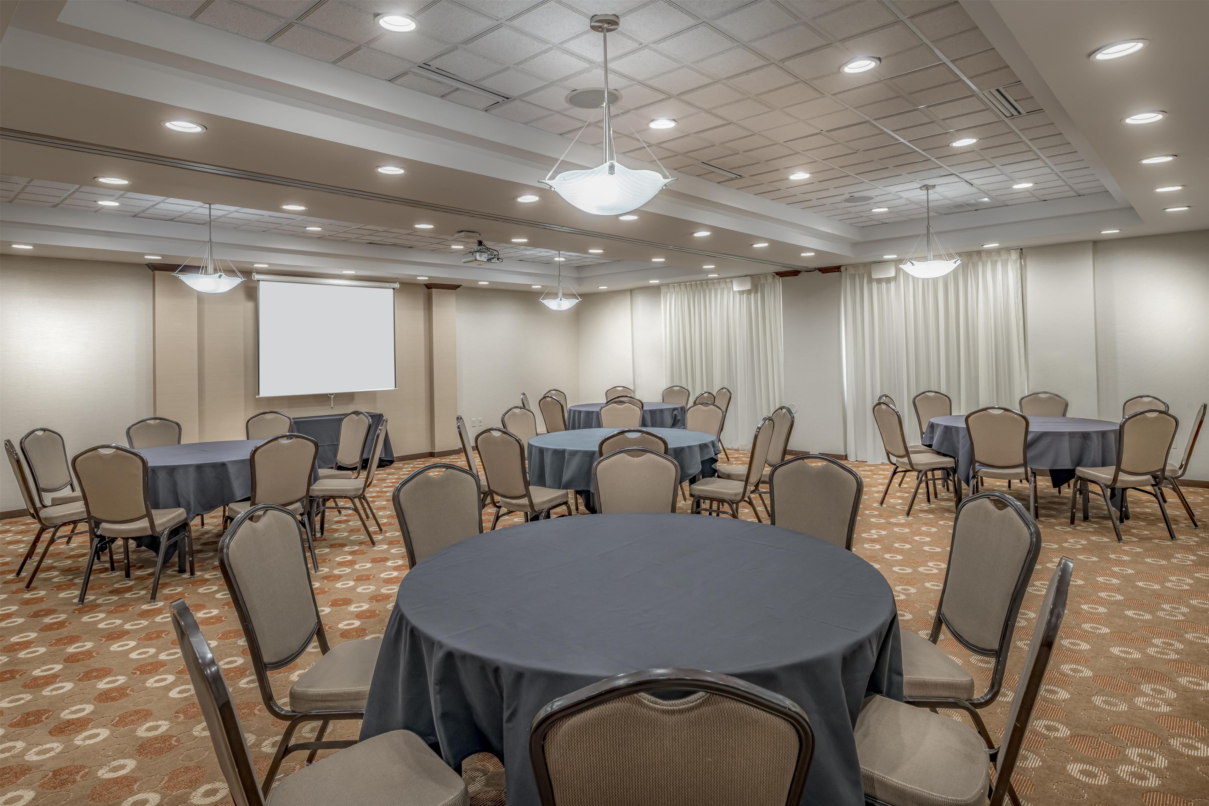 Un salón de conferencias con mesas redondas, sillas, una pantalla de proyector y suelo alfombrado.