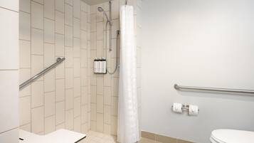 A bathroom with a shower, toilet, and handrails.