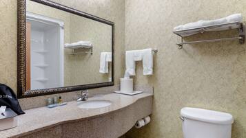 A bathroom with a large mirror, a sink, a toilet, and towel racks.