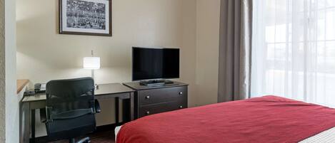 A hotel room with a bed, desk, chair, television, and a framed picture on the wall.