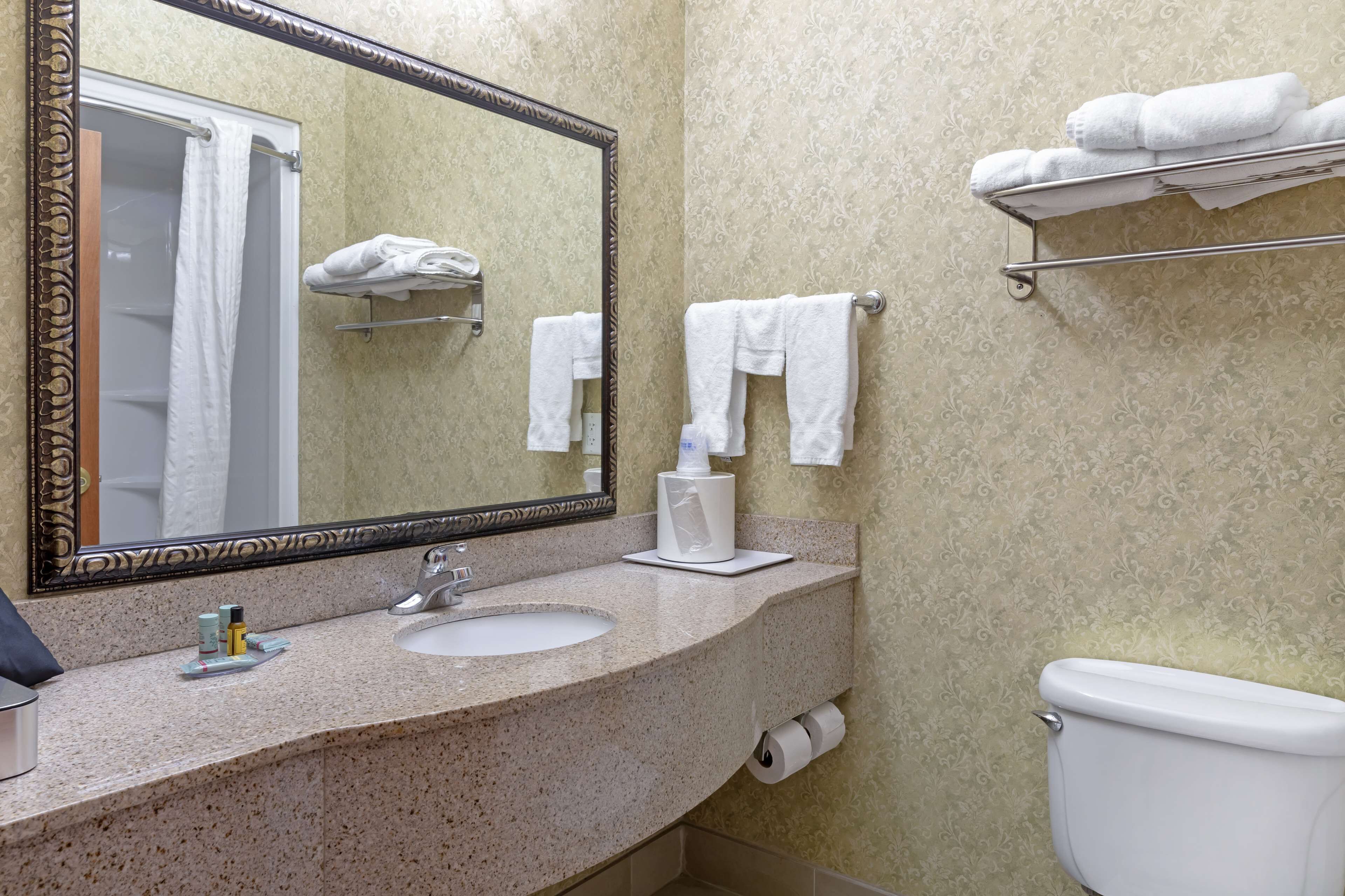 A bathroom with a sink, mirror, towel rack, and toilet.