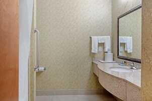 Un baño con lavamanos, espejo, toallero y baranda.