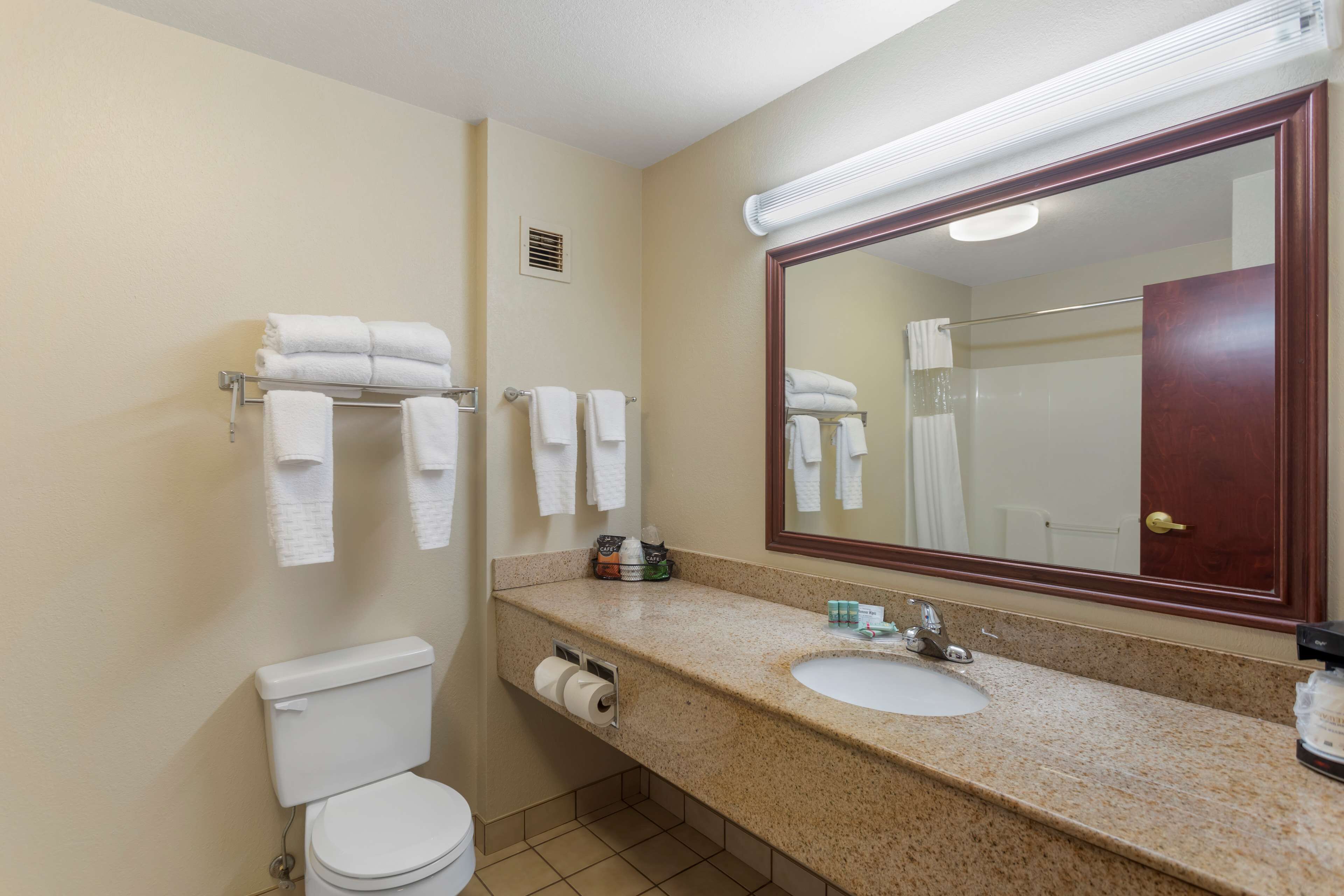 combined shower/bathtub, free toiletries, hair dryer, towels