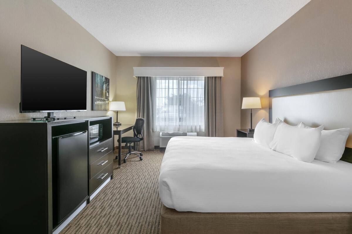 A hotel room with a bed, a desk with a chair, a television, a lamp, and a window with curtains.