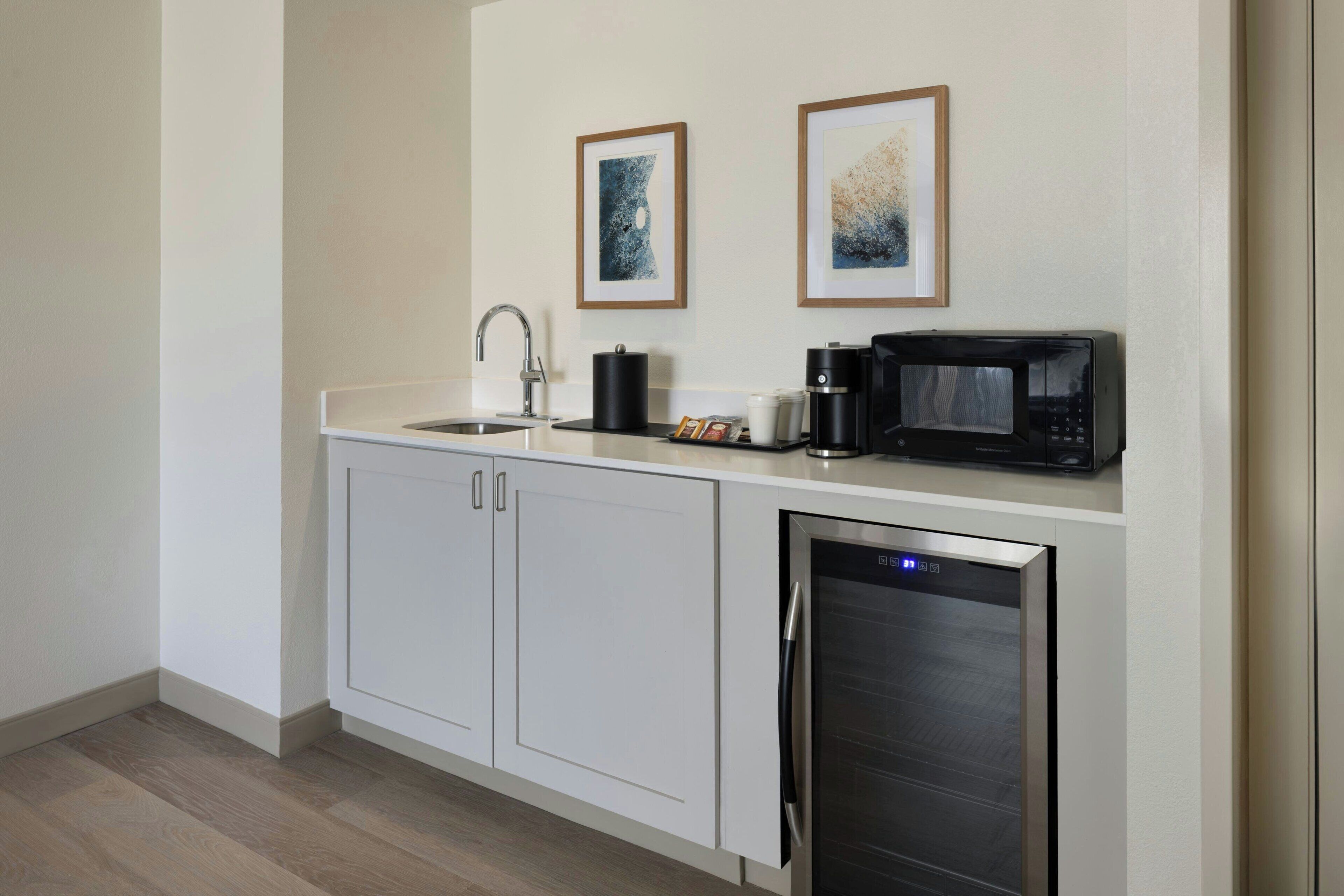 mini-fridge, microwave, coffee/tea maker