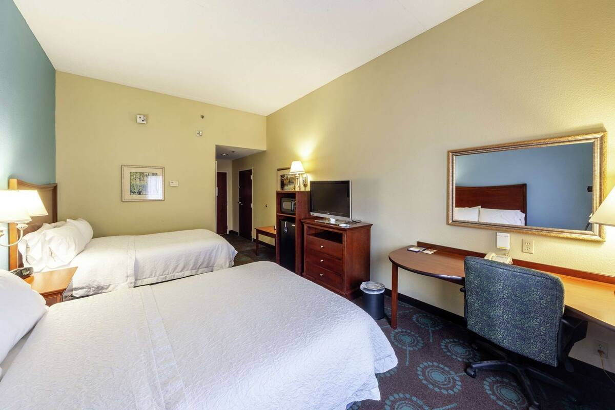 A hotel room with two beds, a desk with a computer, a chair, a TV, and a mirror.