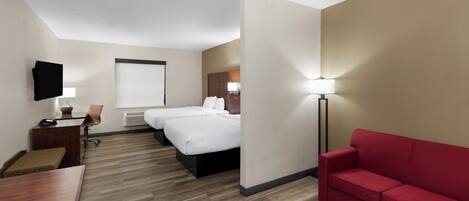 Pillow-top beds, desk, laptop workspace, blackout curtains