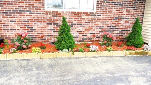 A brick building with a window and a flower bed with various plants and flowers.