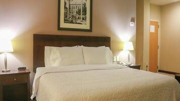 Habitación de hotel con una cama grande, dos mesitas de noche con lámparas, un cuadro en la pared y una puerta al fondo.