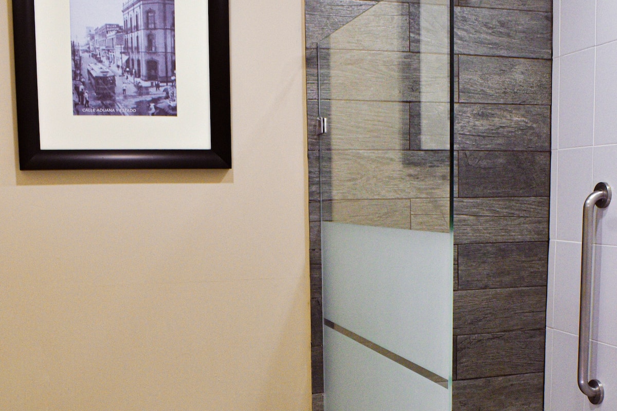 combined shower/bathtub, free toiletries, hair dryer, towels