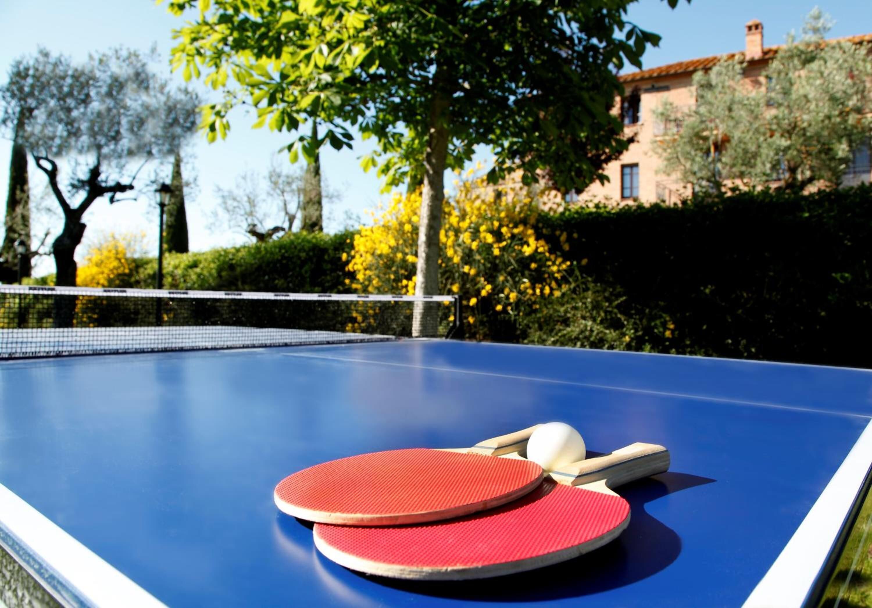 A blue ping pong table with two red paddles and a white ball, set outdoors with trees and a building in the background.