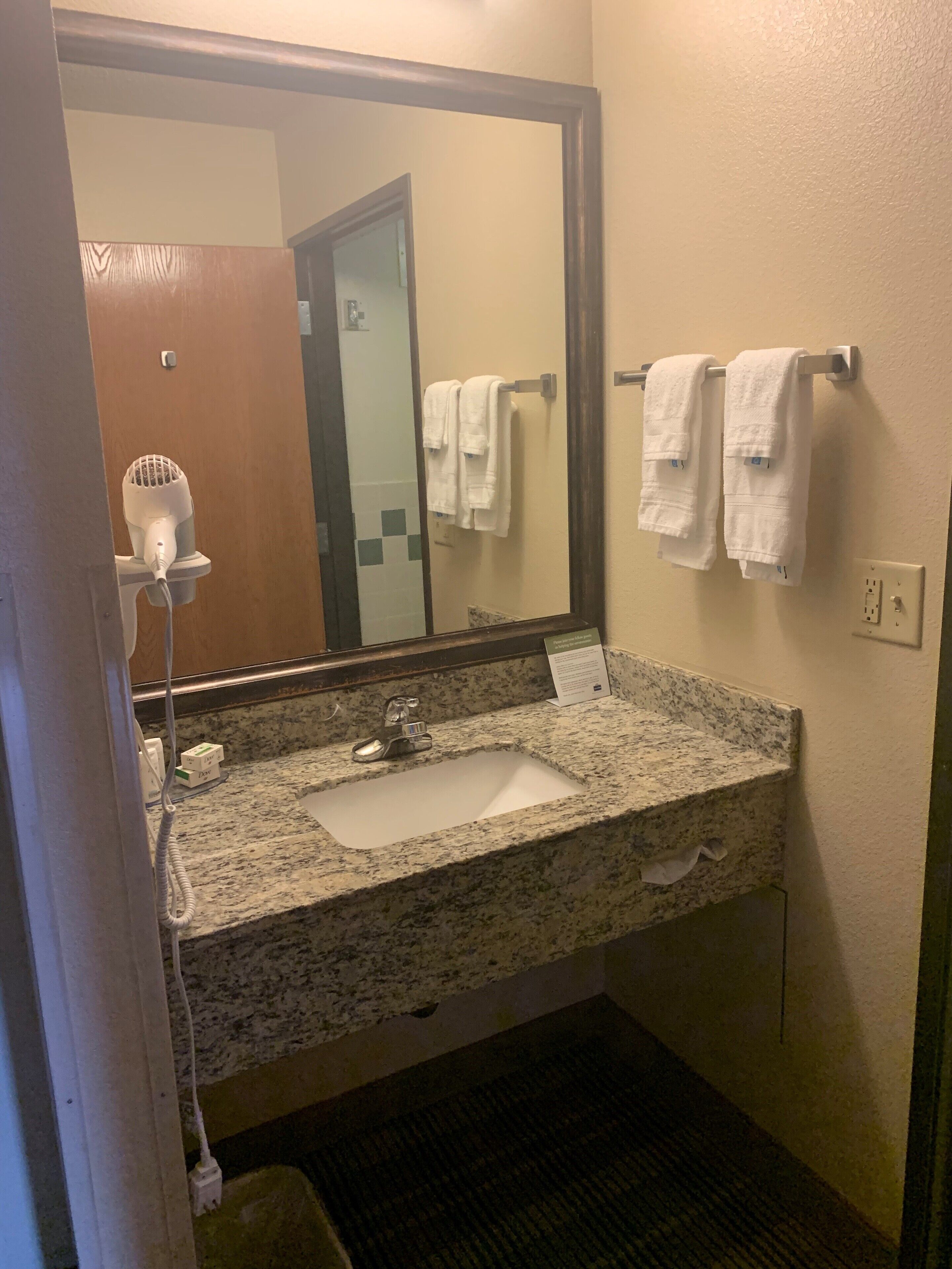 free toiletries, hair dryer, towels, soap