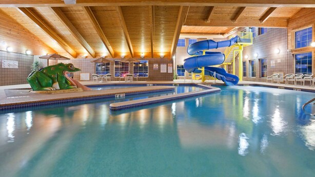 Une piscine intérieure avec un toboggan, une sculpture de grenouille et des poutres en bois au plafond.