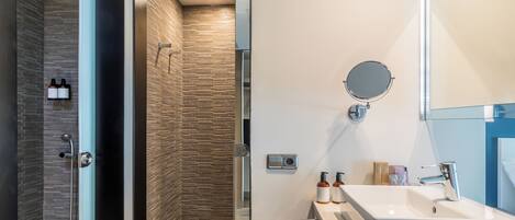 A modern bathroom with a shower, a sink, and a mirror.