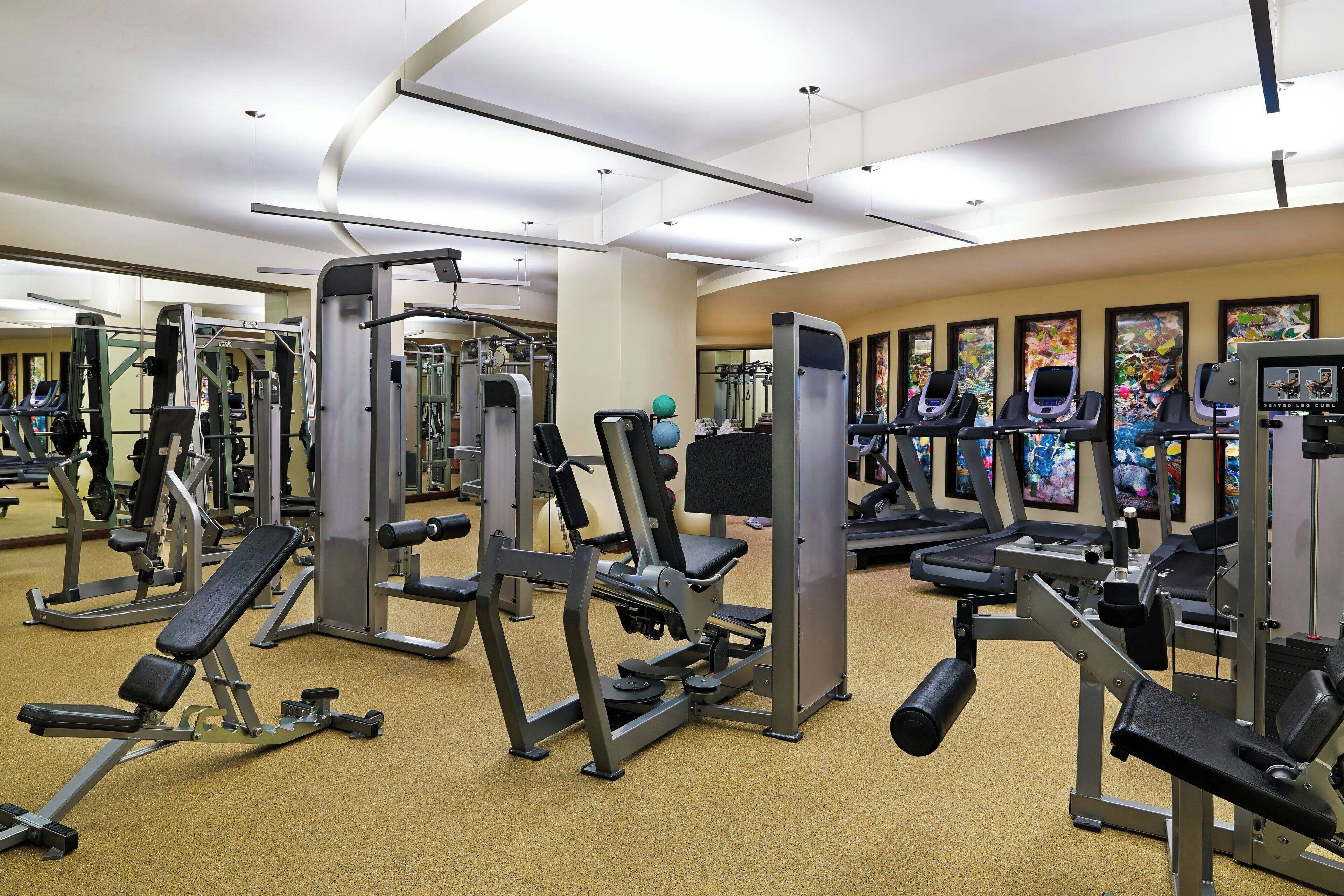 Une salle de sport équipée de divers appareils d’exercice, de miroirs et d’œuvres d’art accrochées aux murs.