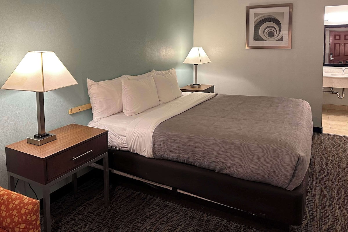 Une chambre d’hôtel avec un lit, deux tables de chevet avec des lampes, une petite table en bois, un tapis à motifs et une œuvre d’art encadrée au mur.