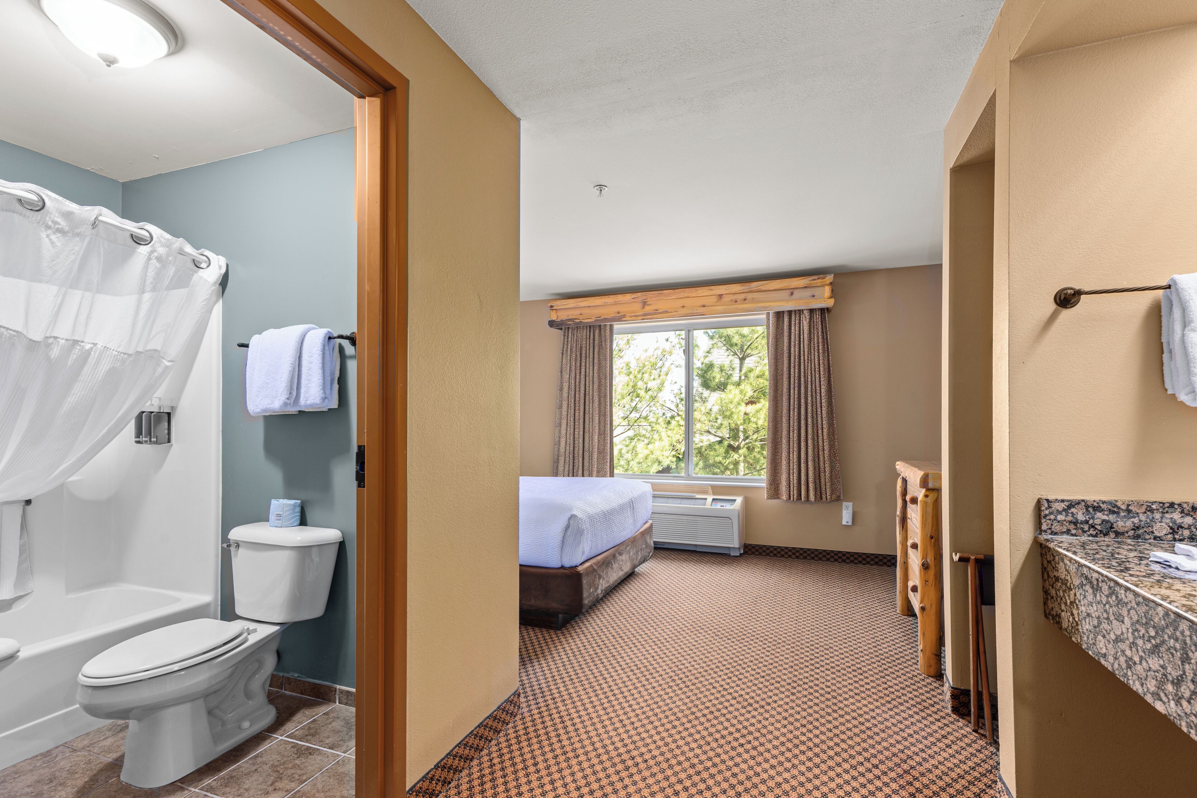 Habitación de hotel con ducha, inodoro, cama y vistas a árboles por la ventana.