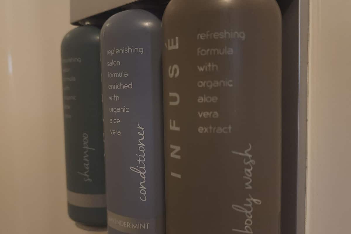 free toiletries, hair dryer, towels