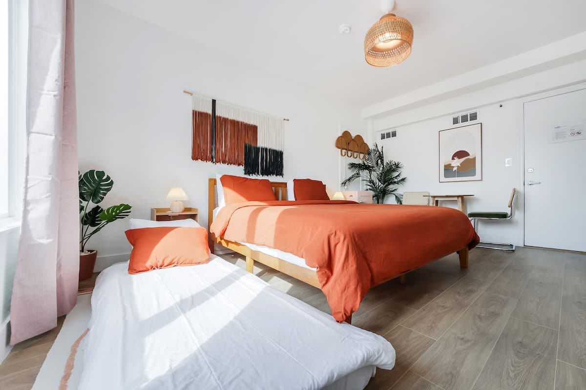 Memory-foam beds, in-room safe, desk, laptop workspace