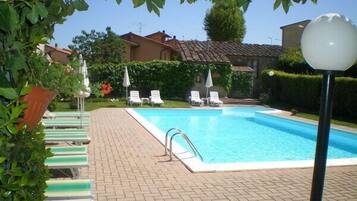 Seasonal outdoor pool, pool umbrellas, sun loungers