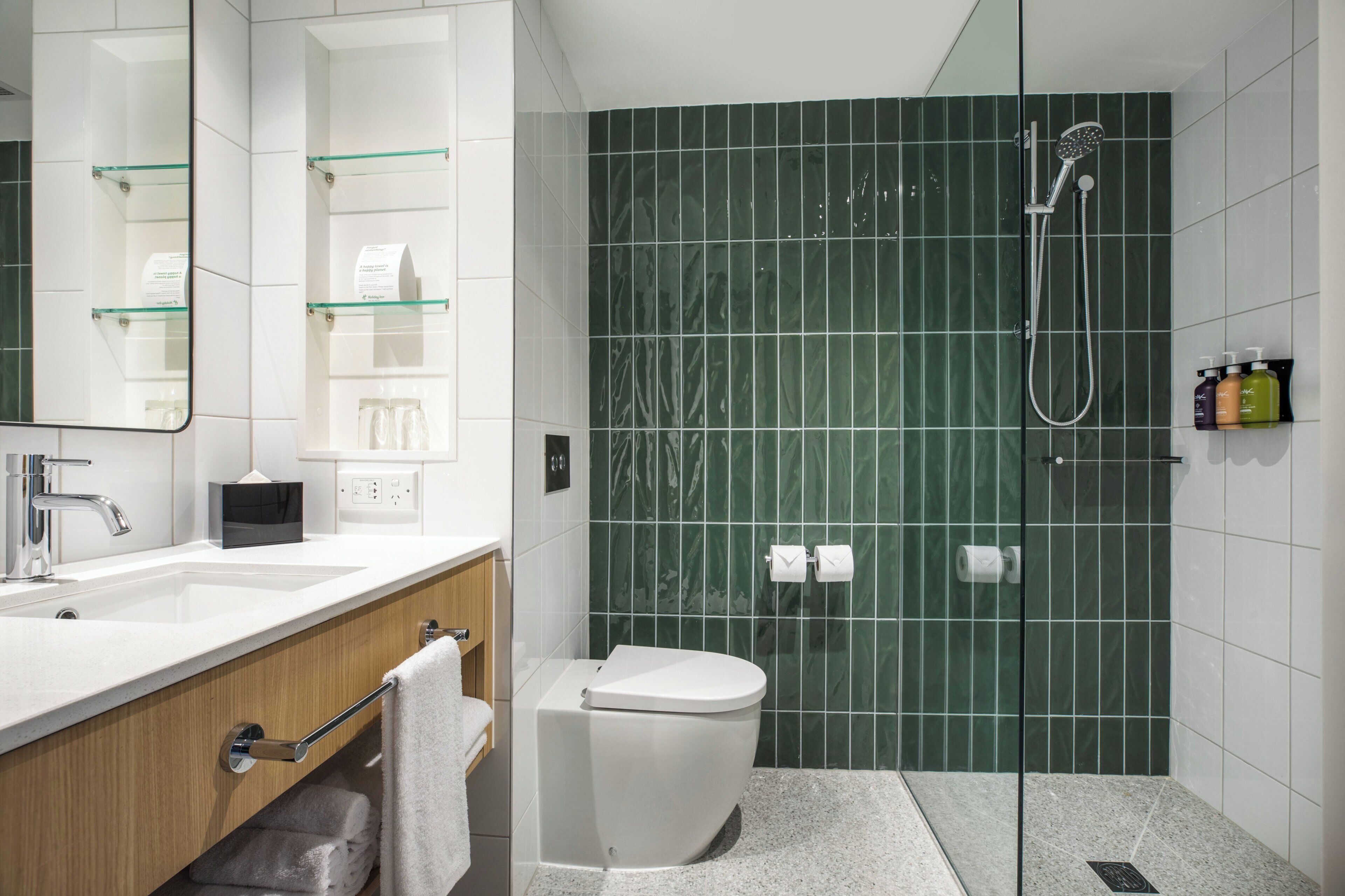 A modern bathroom with a glass shower enclosure, white sink, and a toilet.