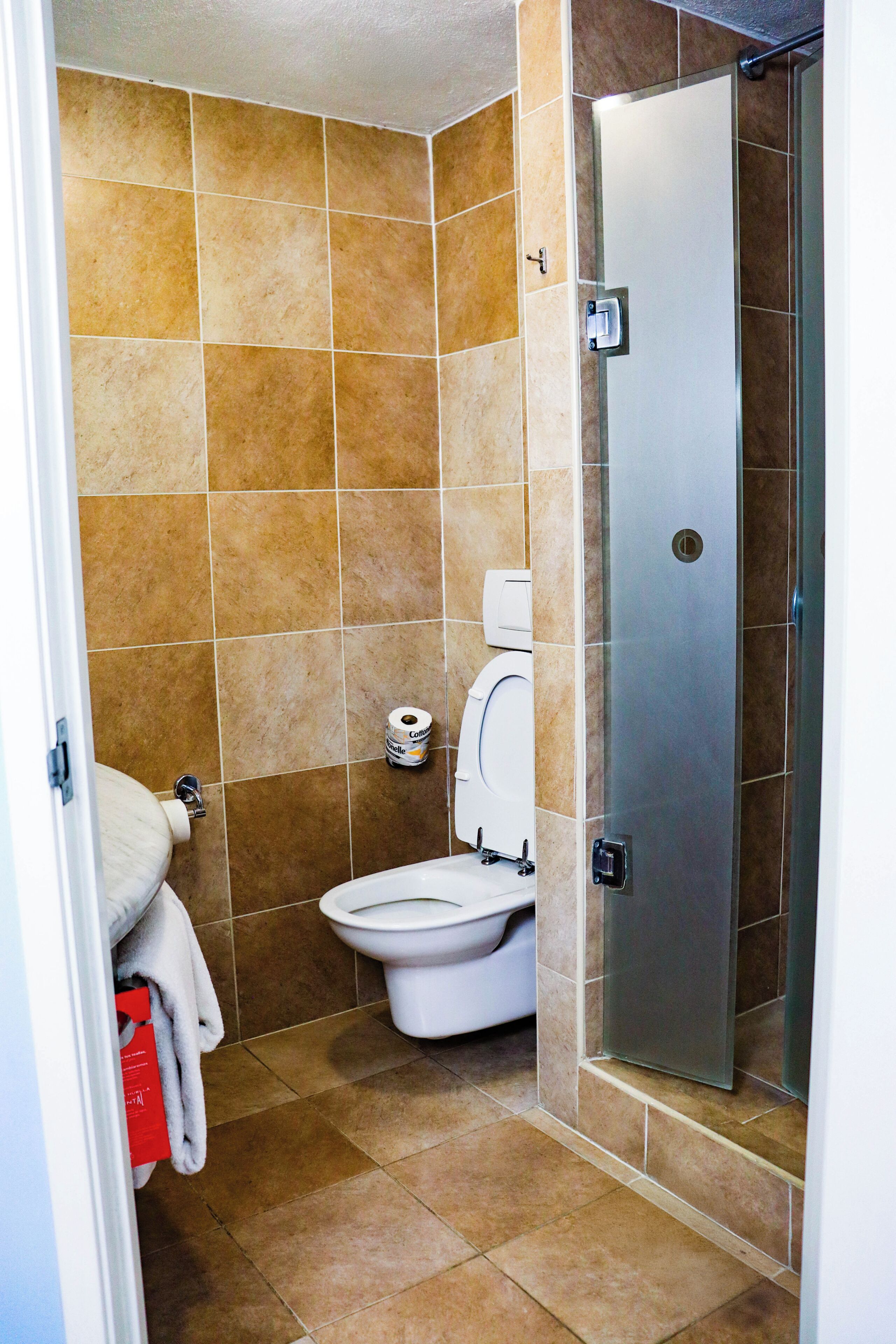 Une salle de bain comprenant des toilettes, un espace douche et un porte-serviettes.