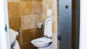 Une salle de bain comprenant des toilettes, un espace douche et un porte-serviettes.