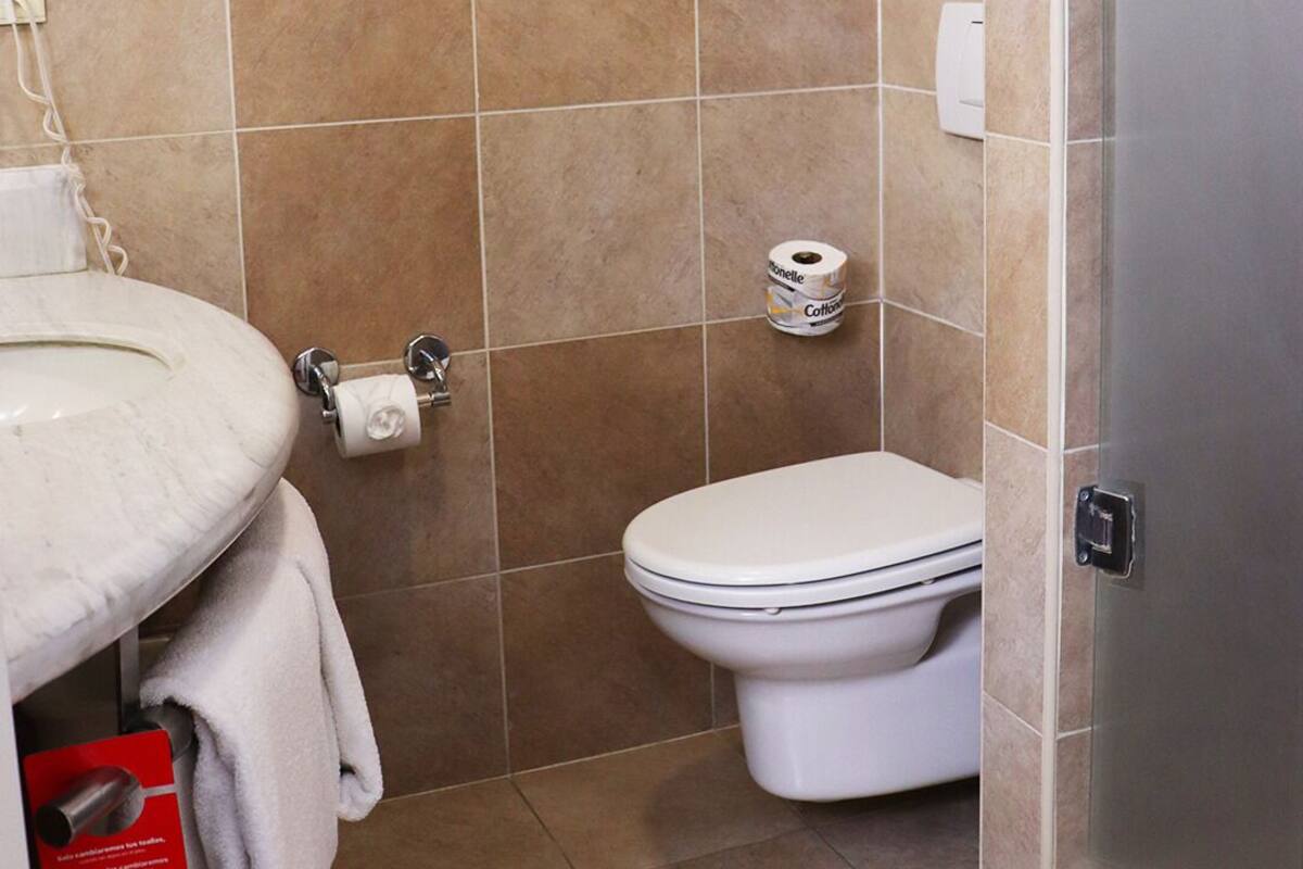 A bathroom with a toilet, a sink, and a shower area.