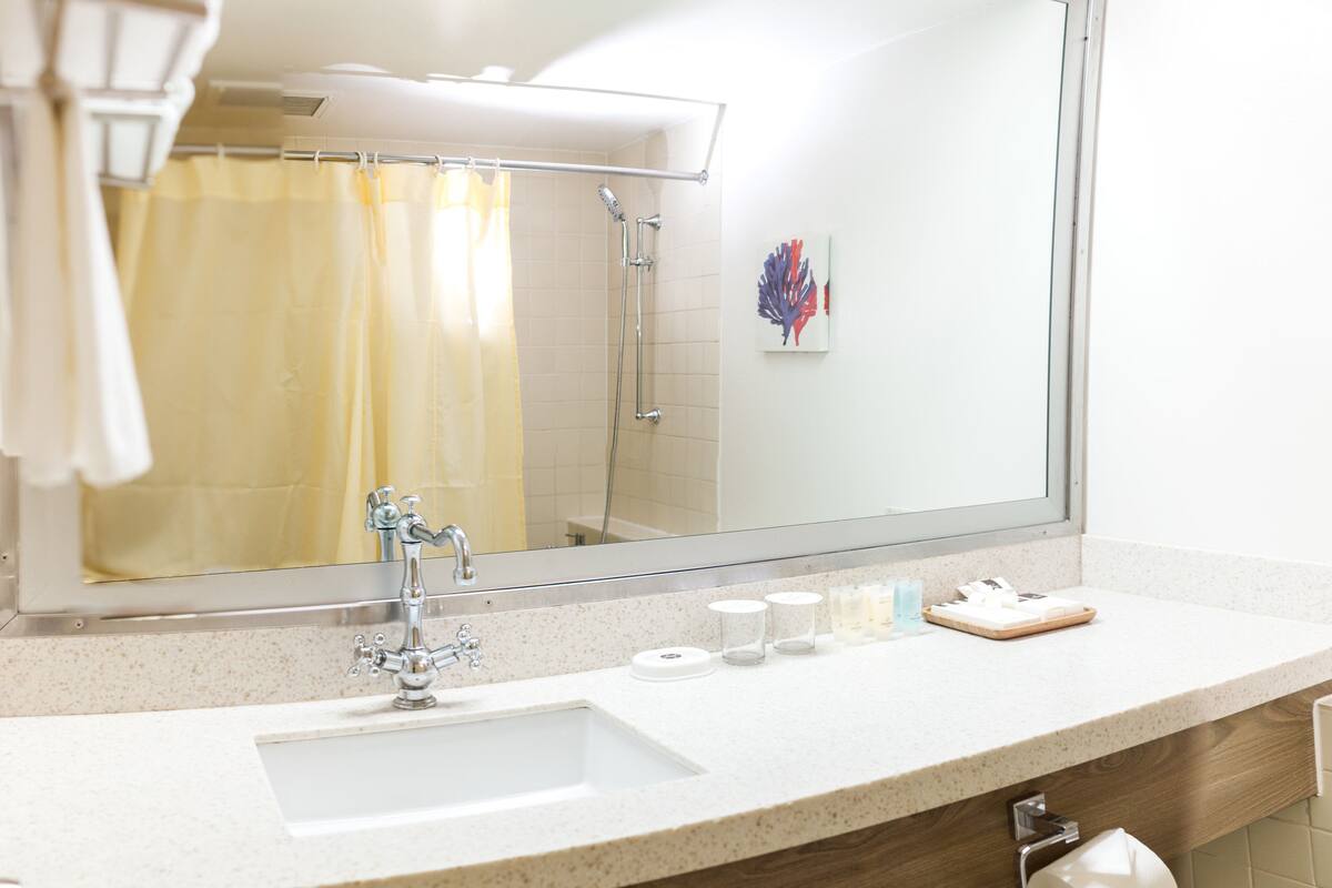 combined shower/bathtub, free toiletries, hair dryer, slippers