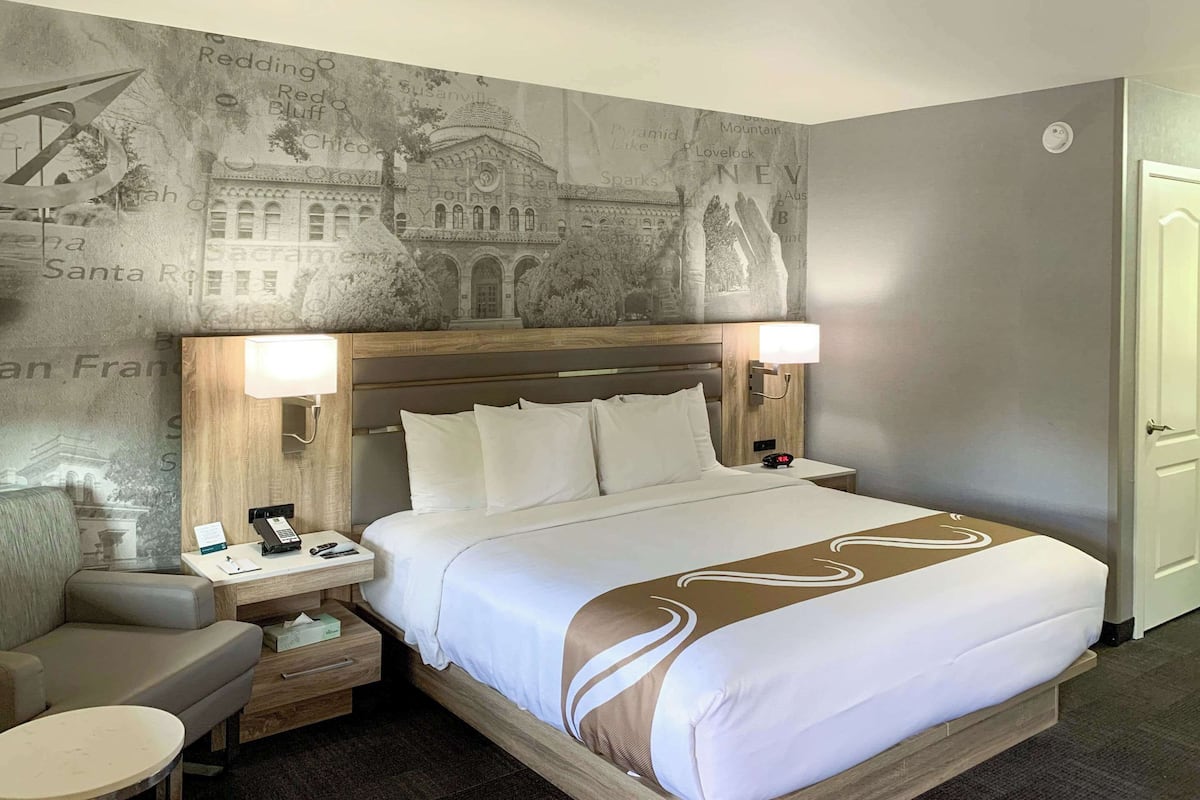 A hotel room with a large bed, two bedside tables, a nightstand, a desk, a chair, and a wall mural.