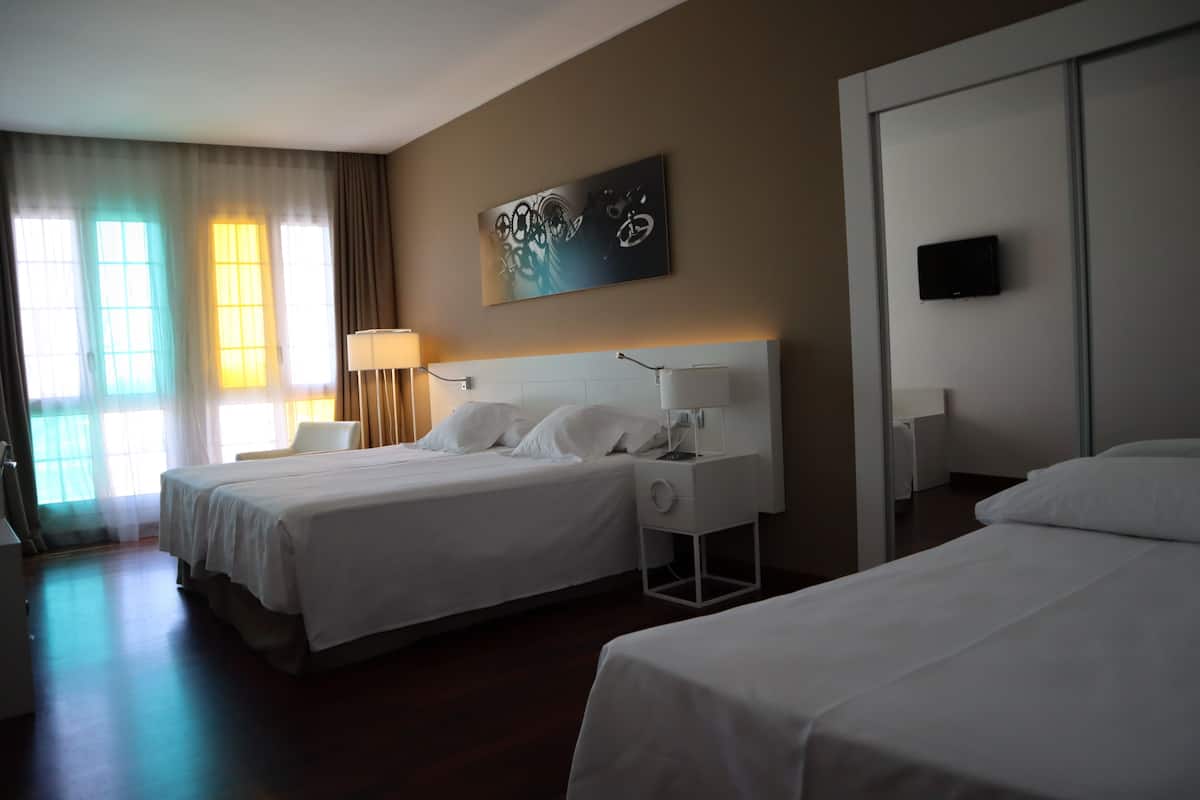 Habitación de hotel con dos camas, un televisor de pantalla plana, un cuadro en la pared y una ventana con cortinas.