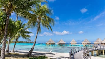 En privat strand, hvidt sand, liggestole, parasoller