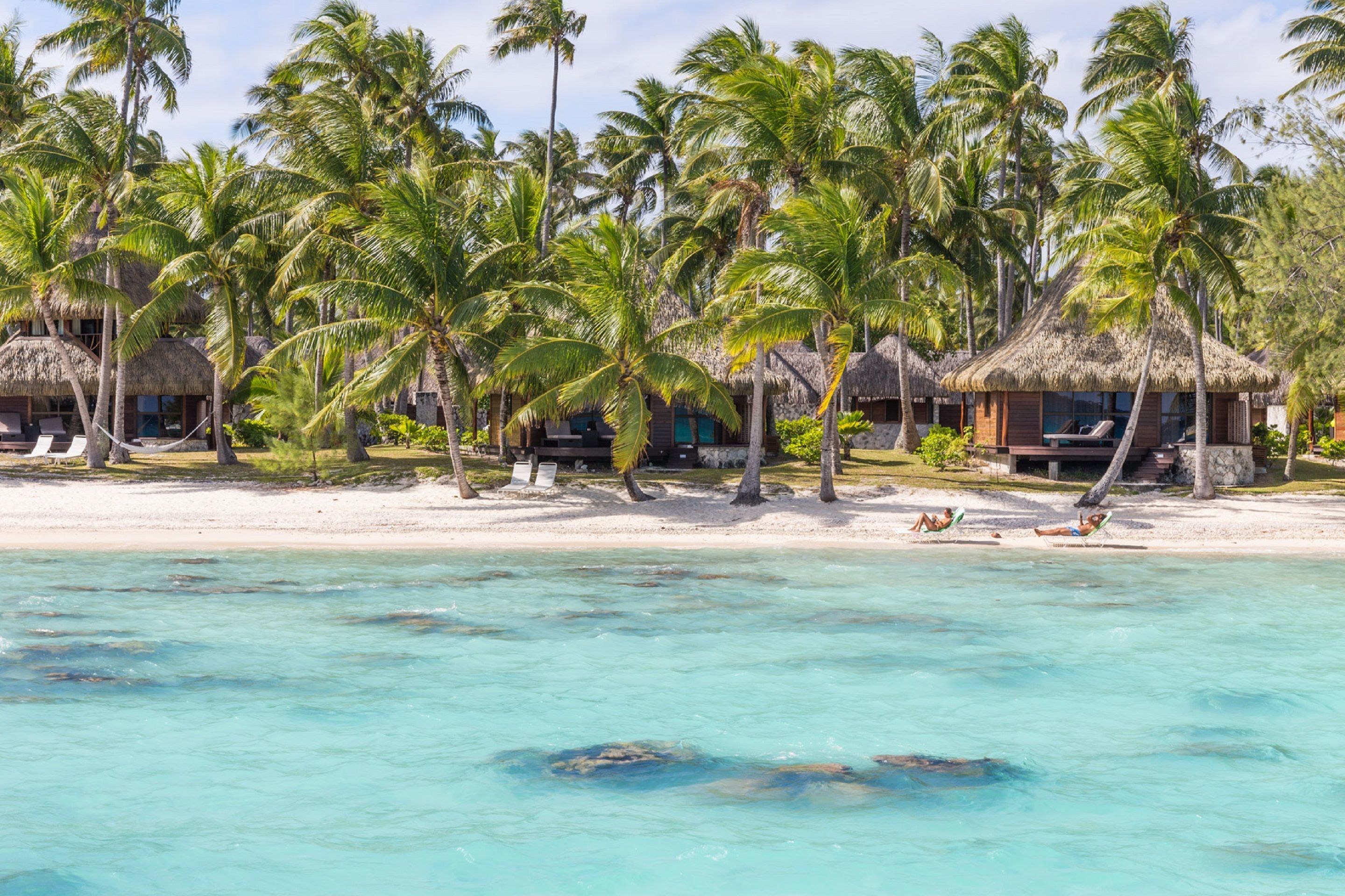 A beach resort with thatched-roof huts, palm trees, and clear turquoise water.