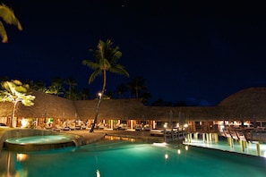 Outdoor pool, pool umbrellas, pool loungers