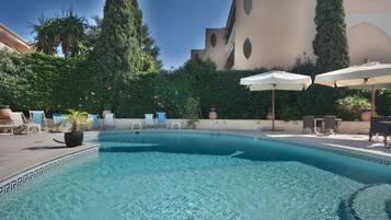 Outdoor pool, open 9:00 AM to 8:00 PM, pool umbrellas, pool loungers