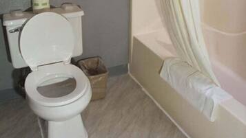 Combined shower/tub, free toiletries, hair dryer