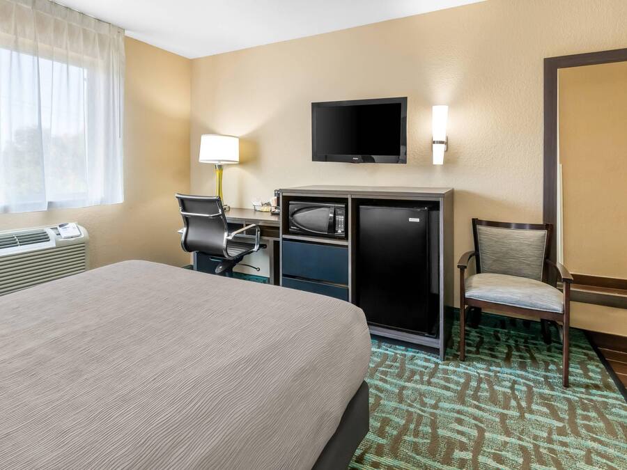 A hotel room with a bed, a desk with a computer and a microwave, a TV, and a chair.