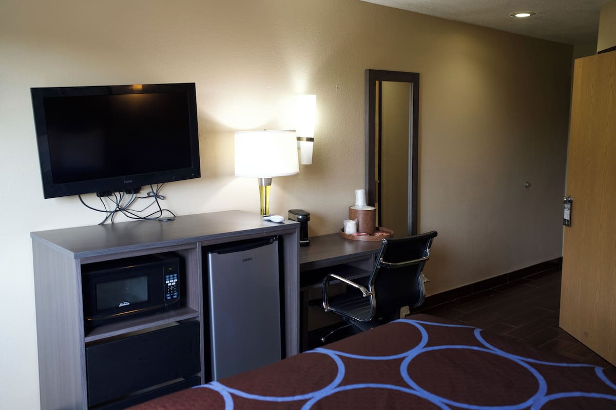 Une chambre d’hôtel équipée d’une télévision à écran plat, d’un four à micro-ondes, d’un mini-réfrigérateur, d’un bureau avec une lampe, d’une chaise et d’un lit recouvert d’une couvre-lit à motifs.
