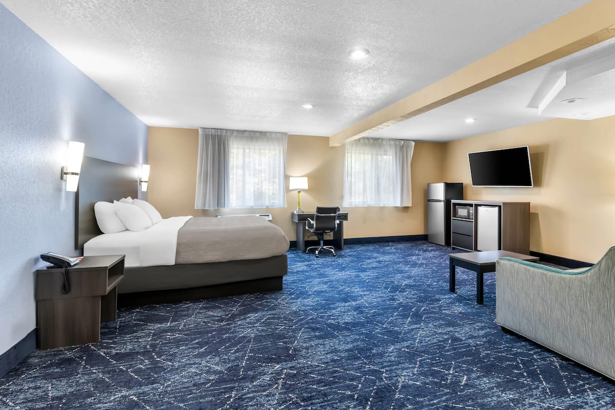 Une chambre d’hôtel équipée d’un lit, d’un bureau, d’une chaise, d’une télévision et d’un mini-bar.