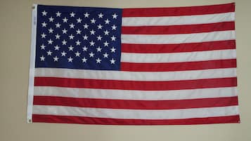 A large American flag hanging on a wall.