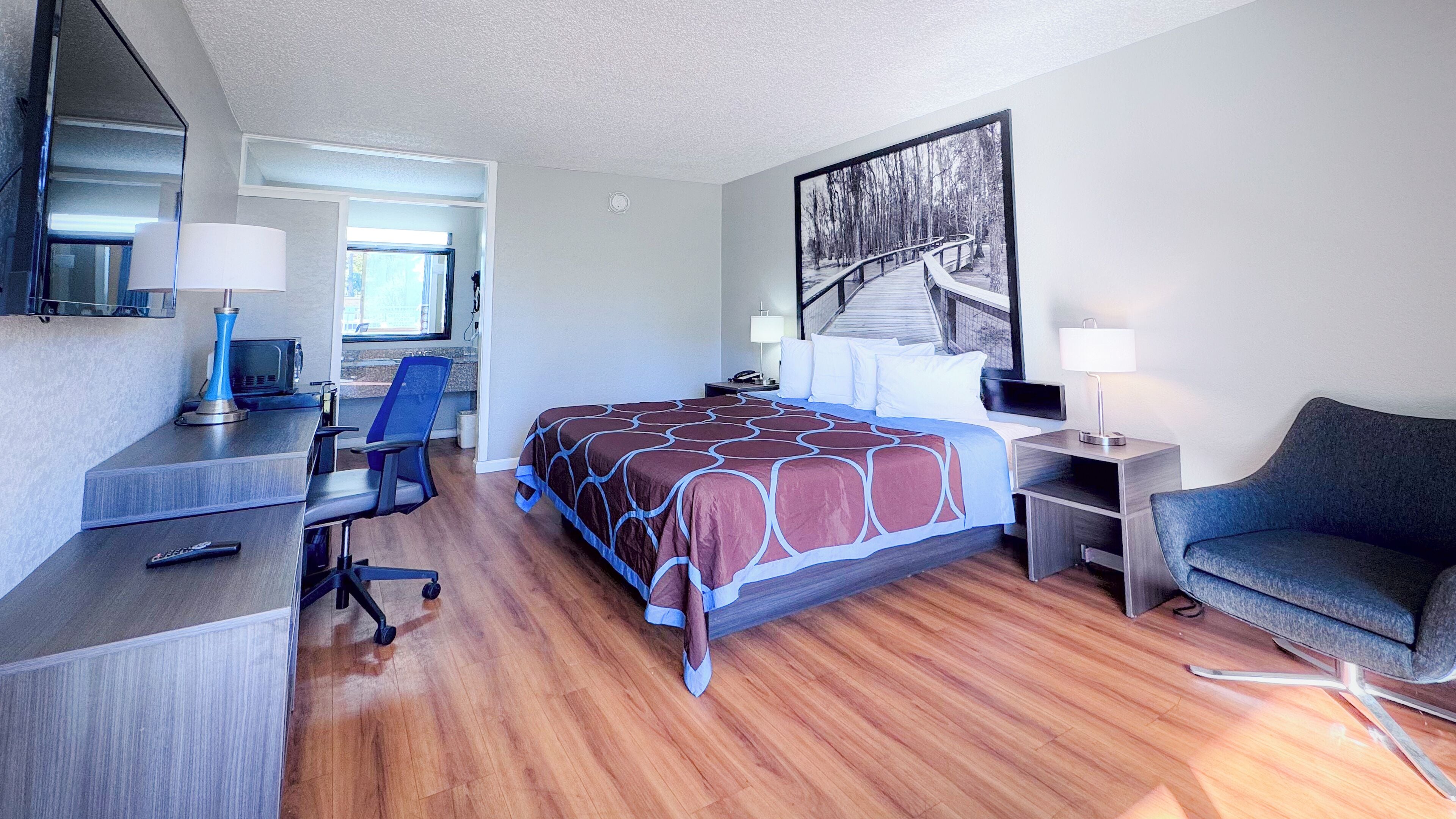 Pillowtop beds, desk, blackout drapes, iron/ironing board