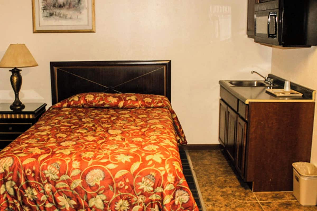 A hotel room with a bed, a nightstand, a lamp, a sink, and a trash bin.