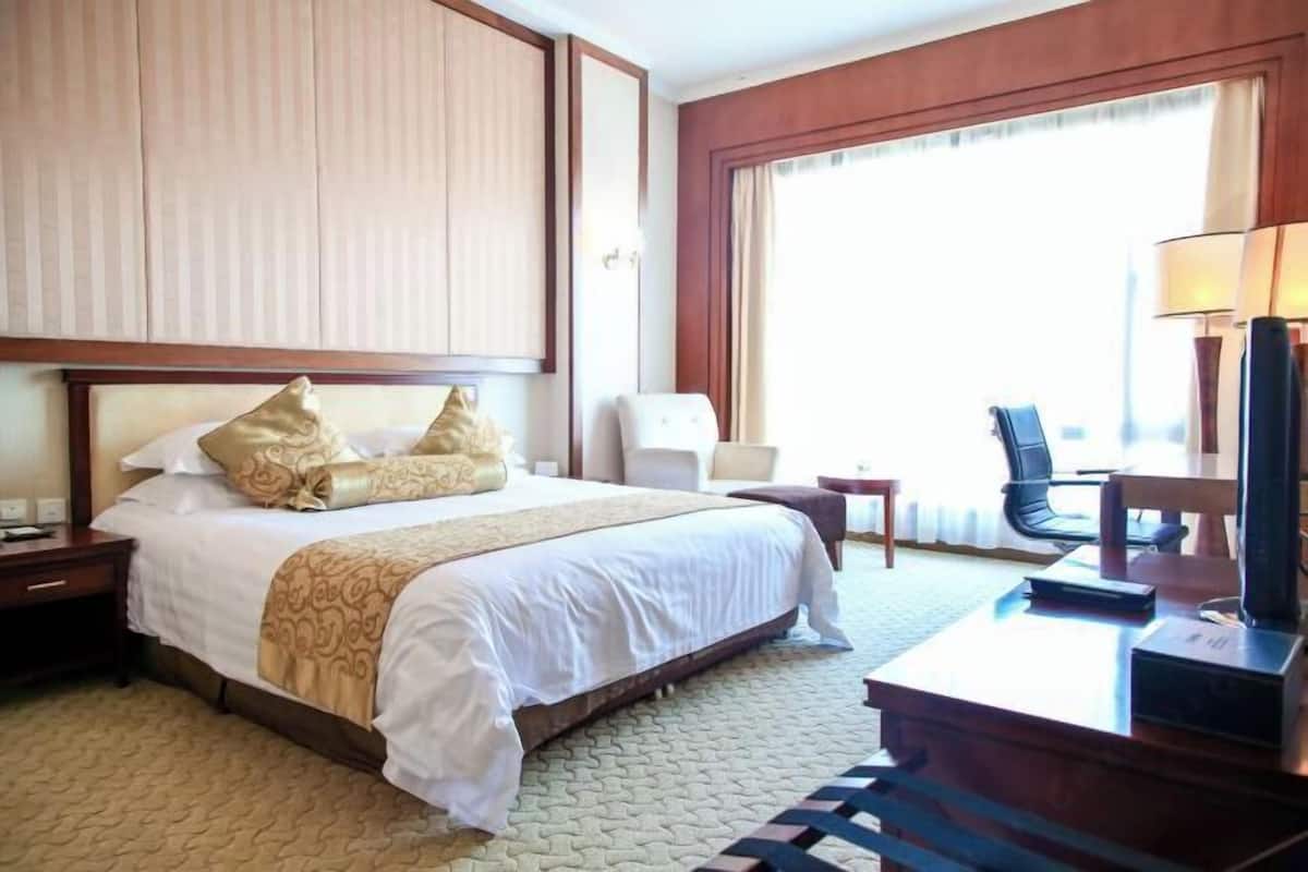 Une chambre d’hôtel avec un grand lit, un bureau avec une télévision, une chaise et une fenêtre avec des rideaux.