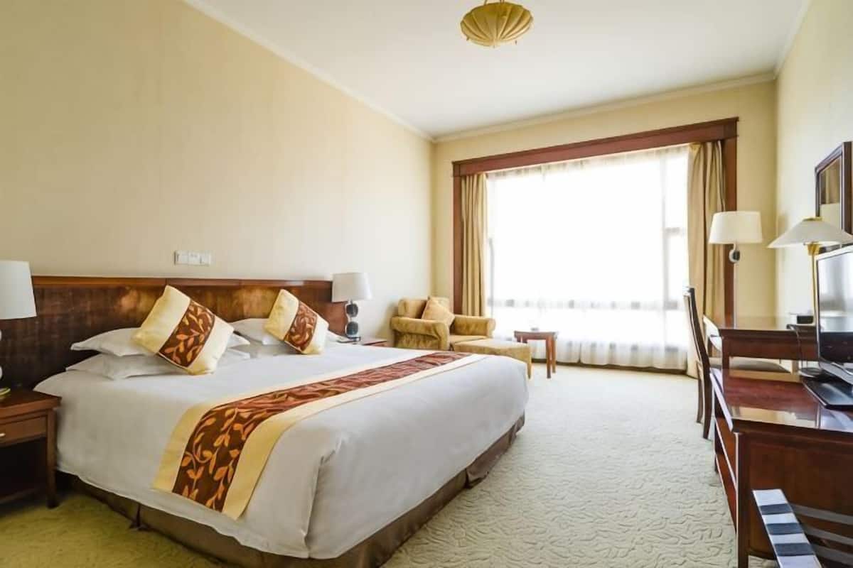 Une chambre d’hôtel avec un grand lit, un bureau, une chaise, une télévision et une fenêtre avec des rideaux.