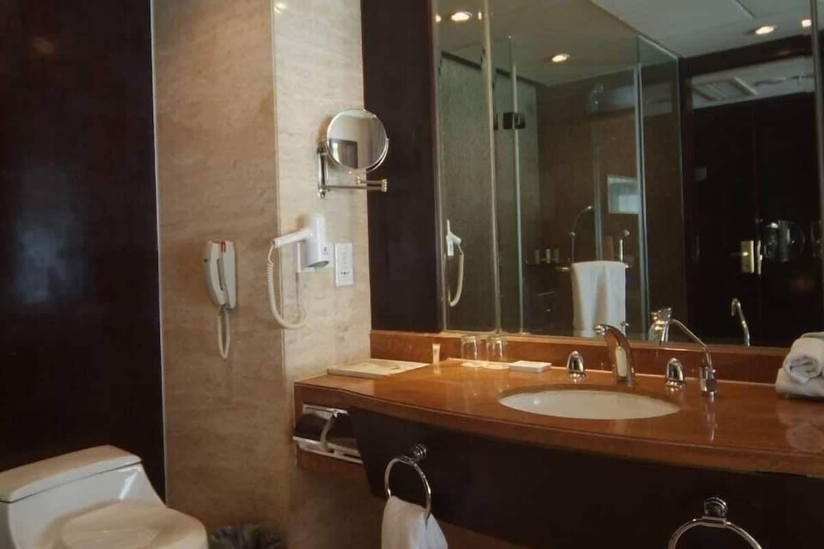 deluxe king room | bathroom | separate bathtub and shower, rainfall showerhead, free toiletries